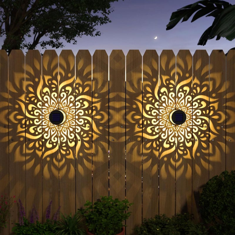 gardencave 4 حزمة أضواء سياج شمسية معدنية تعمل بالطاقة الشمسية أضواء خارجية للجدران والسلالم بتصميم ماندالا مقاومة للماء لأضواء سياج حديقة البوستات فناء الديكور (4 حزمة) - Image 1